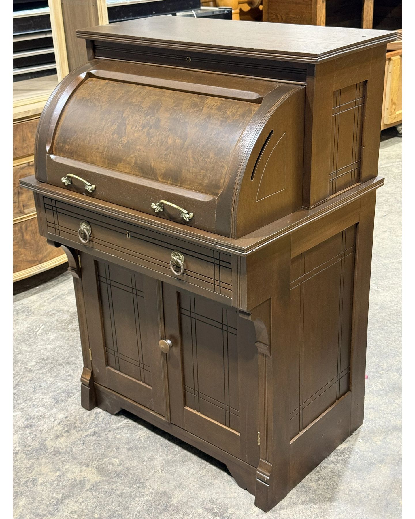 Vintage wooden roll-top desk with tambour door